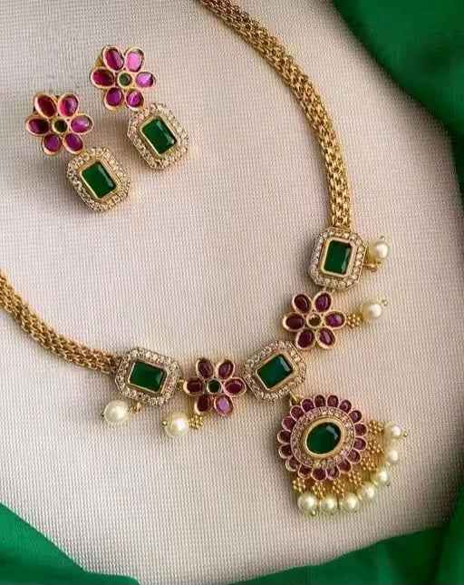 Traditional Gold Plated Necklace Set with Green & Pink Stones | Bridal Jewelry with Earrings