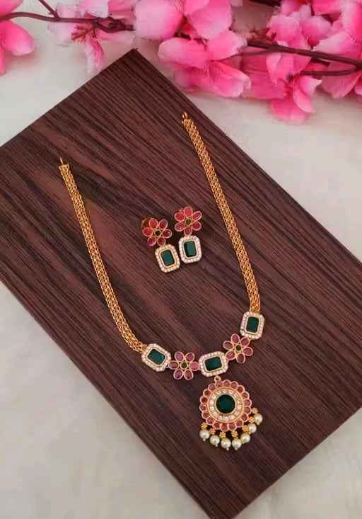 Traditional Gold Plated Necklace Set with Green & Pink Stones | Bridal Jewelry with Earrings