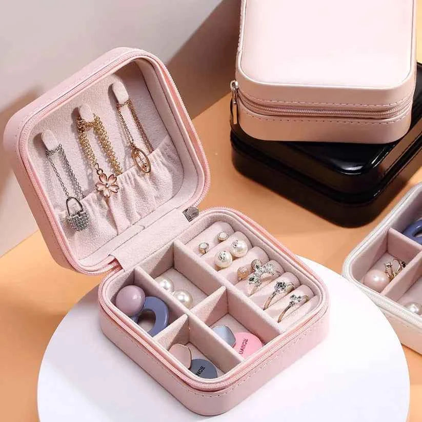 Jewellery Organiser PU Leather Zipper Portable Storage Box Case with Dividers Container for Rings, Earrings, Necklace Home Organizer