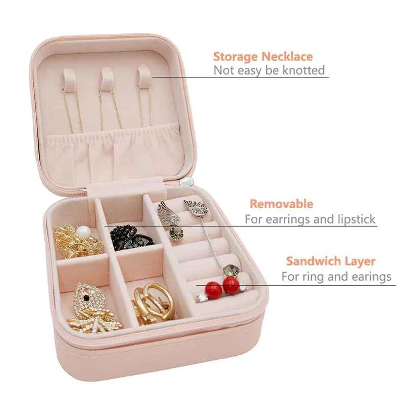 Jewellery Organiser PU Leather Zipper Portable Storage Box Case with Dividers Container for Rings, Earrings, Necklace Home Organizer