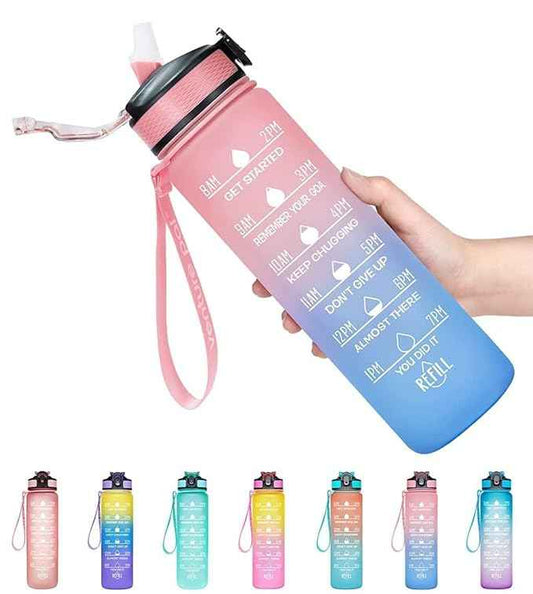 32oz Motivational Water Bottle with Time Markers & Straw – BPA-Free Leakproof Tritan & Silicone Sports Bottle, 1L Reusable Drinking Bottle for Gym, Fitness, Outdoor – Random Color