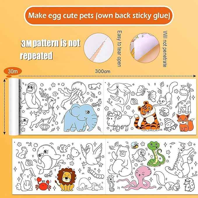 Drawing Paper Roll for Kids, 30 x 300 Cm Large Coloring Poster for Toddlers, Art Paper, Kids Coloring Drawing Paper Roll Best Birthday Gift Kids (Wall Not Sticking)【 Mix-Design 】