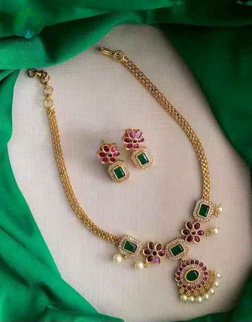 Traditional Gold Plated Necklace Set with Green & Pink Stones | Bridal Jewelry with Earrings
